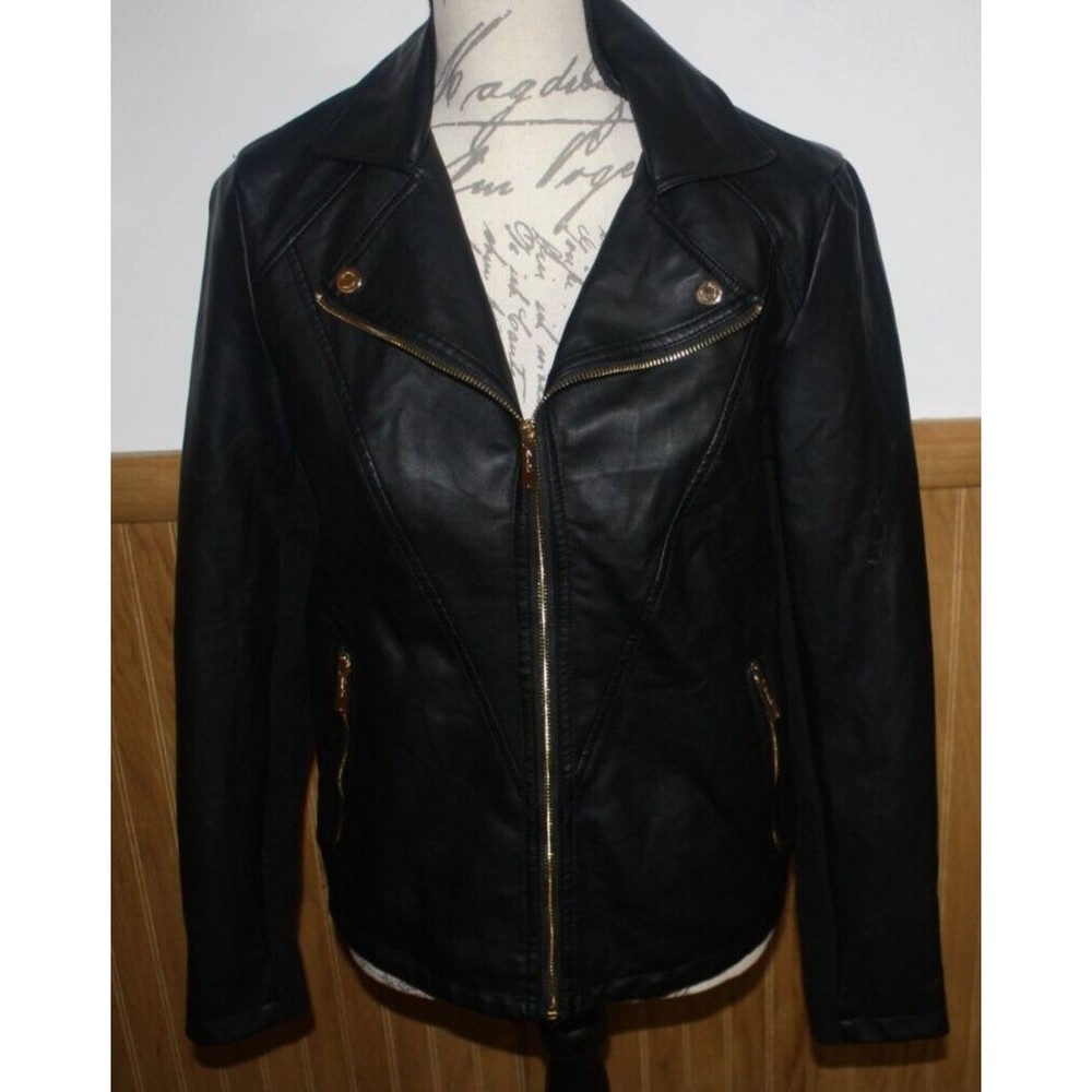 Kenneth Cole Black Faux Leather Motorcycle Jacket Sz Women's M Zip Pockets GUC